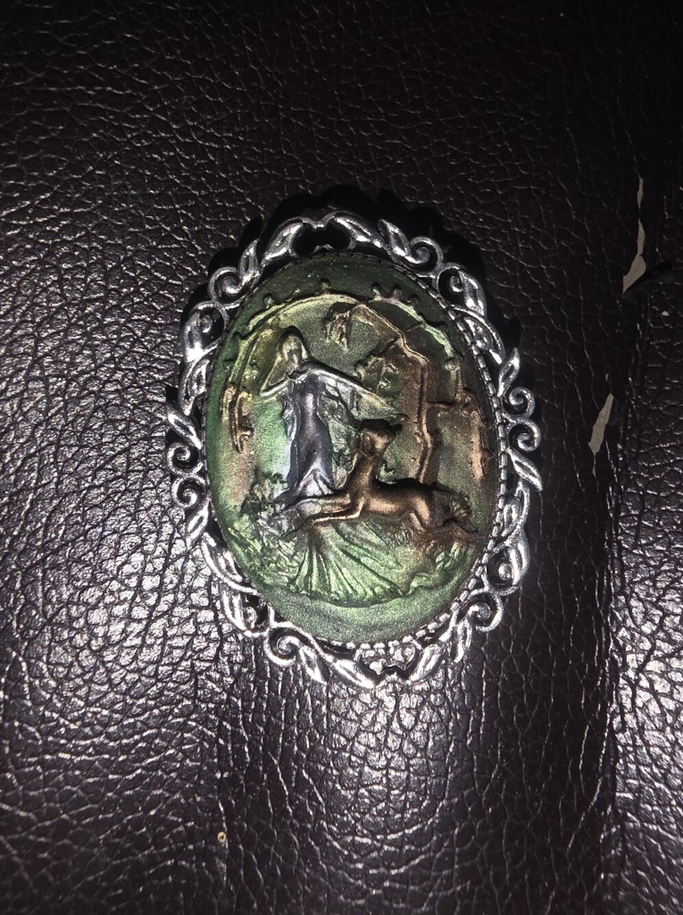 Green & Brown Diana The Hunter Hunting Deer Resin Brooch Onn Silver Tone Frame